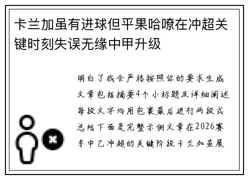 卡兰加虽有进球但平果哈嘹在冲超关键时刻失误无缘中甲升级