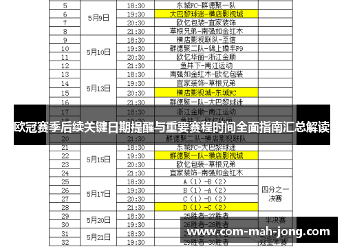 欧冠赛季后续关键日期提醒与重要赛程时间全面指南汇总解读
